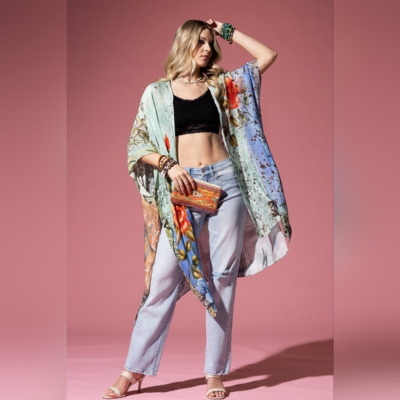 Floral Print Lightweight Kimono - Watercolor Effect Background - Soft & Silky - Picture 2 of 8